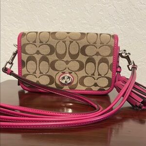 Coach Pink and Brown Crossbody Bag with Signature Monogram